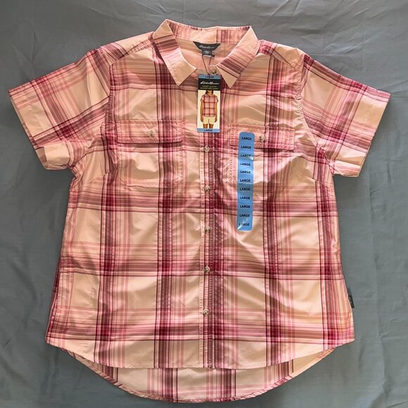 Eddie Bauer Short Sleeve Adventure Shirt Red/Pink Striped - Size L - Picture 1 of 9